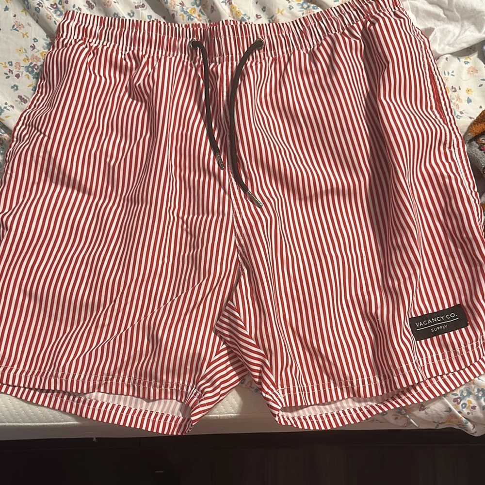 Red and White Striped Swim Shorts